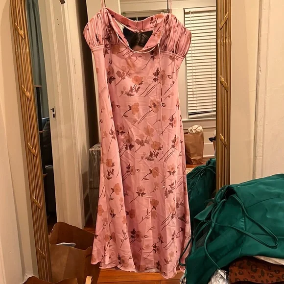 white christmas dresses Rent Asos Design Shirred Bunny Tie Prom Midi Dress In Rose Pink main image 1